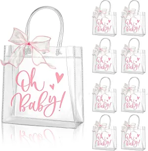 Wesnoy 24 Pack Baby Shower Favors Bags with Handle Clear Plastic Baby Shower PVC Treat Bags with 2 Rolls Pink Ribbon for Gender Reveal Girls Birthday Party Guest Gift, 8 x 8 x 3.15 Inch