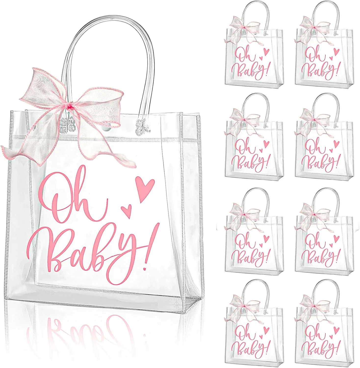 Wesnoy 24 Pack Baby Shower Favors Bags with Handle Clear Plastic Baby Shower PVC Treat Bags with 2 Rolls Pink Ribbon for Gender Reveal Girls Birthday Party Guest Gift, 8 x 8 x 3.15 Inch