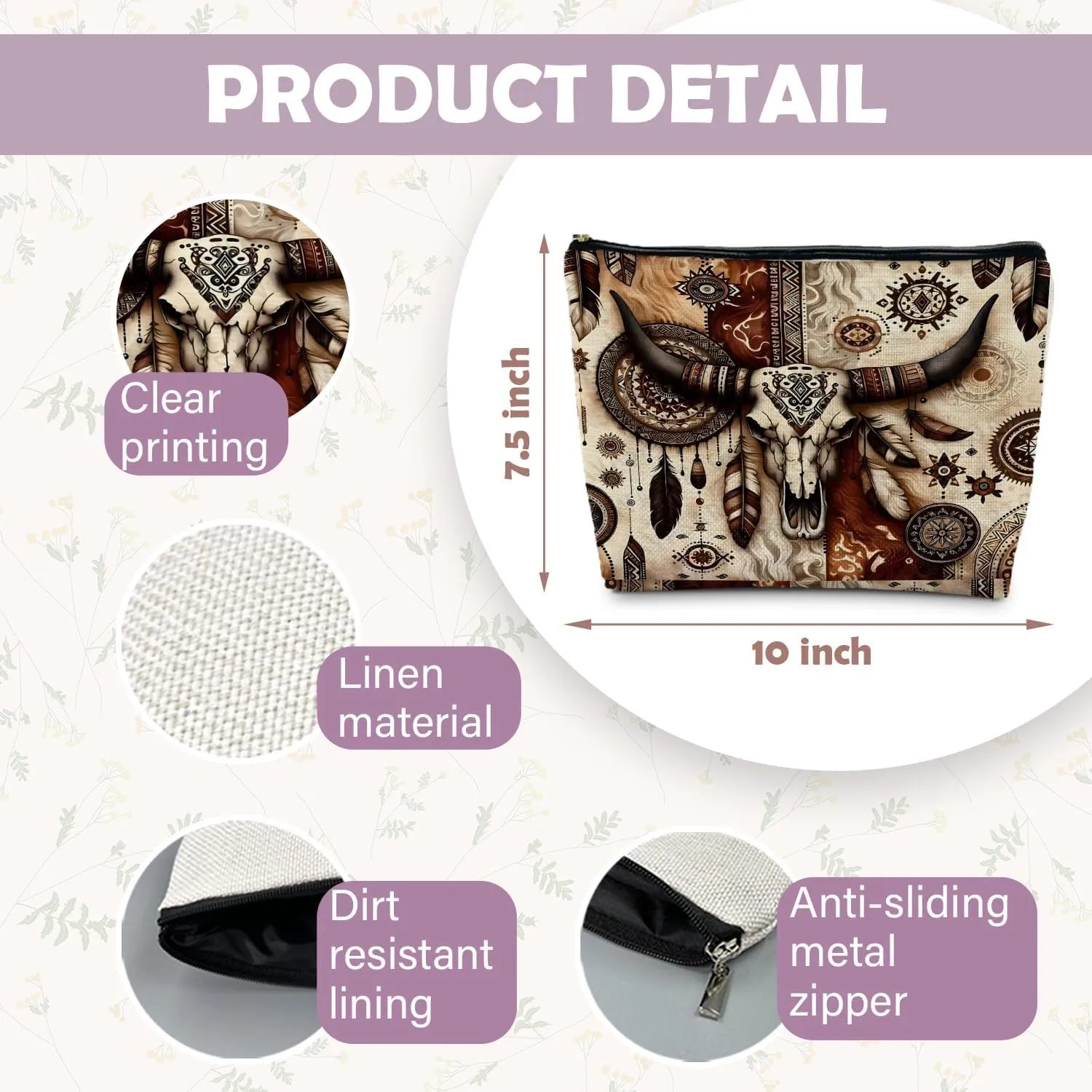 Western Makeup Bag - Retro Bull Skull Cosmetic Bags for Women, Cowgirl & Country Gifts
