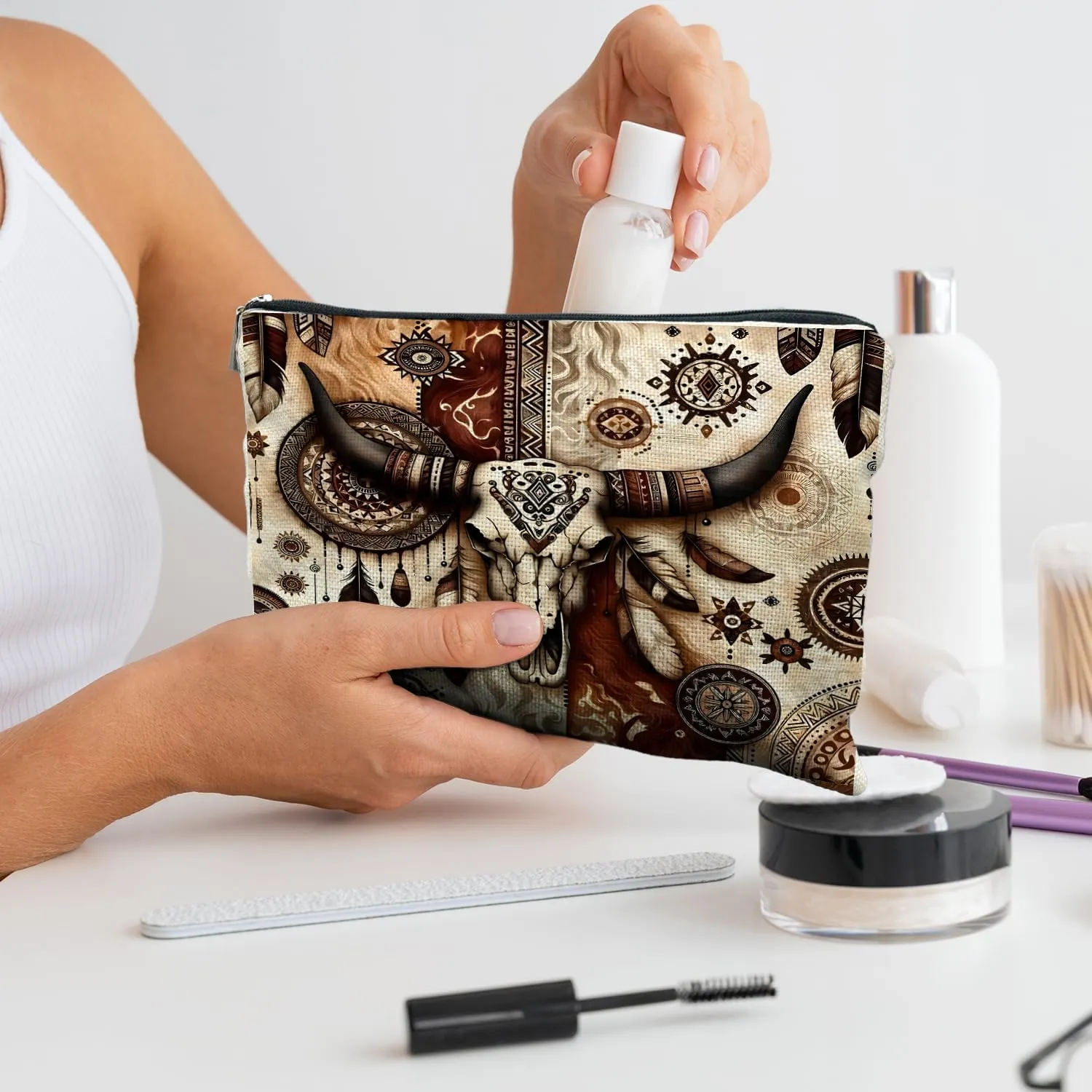 Western Makeup Bag - Retro Bull Skull Cosmetic Bags for Women, Cowgirl & Country Gifts