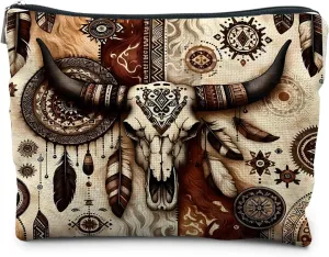 Western Makeup Bag - Retro Bull Skull Cosmetic Bags for Women, Cowgirl & Country Gifts
