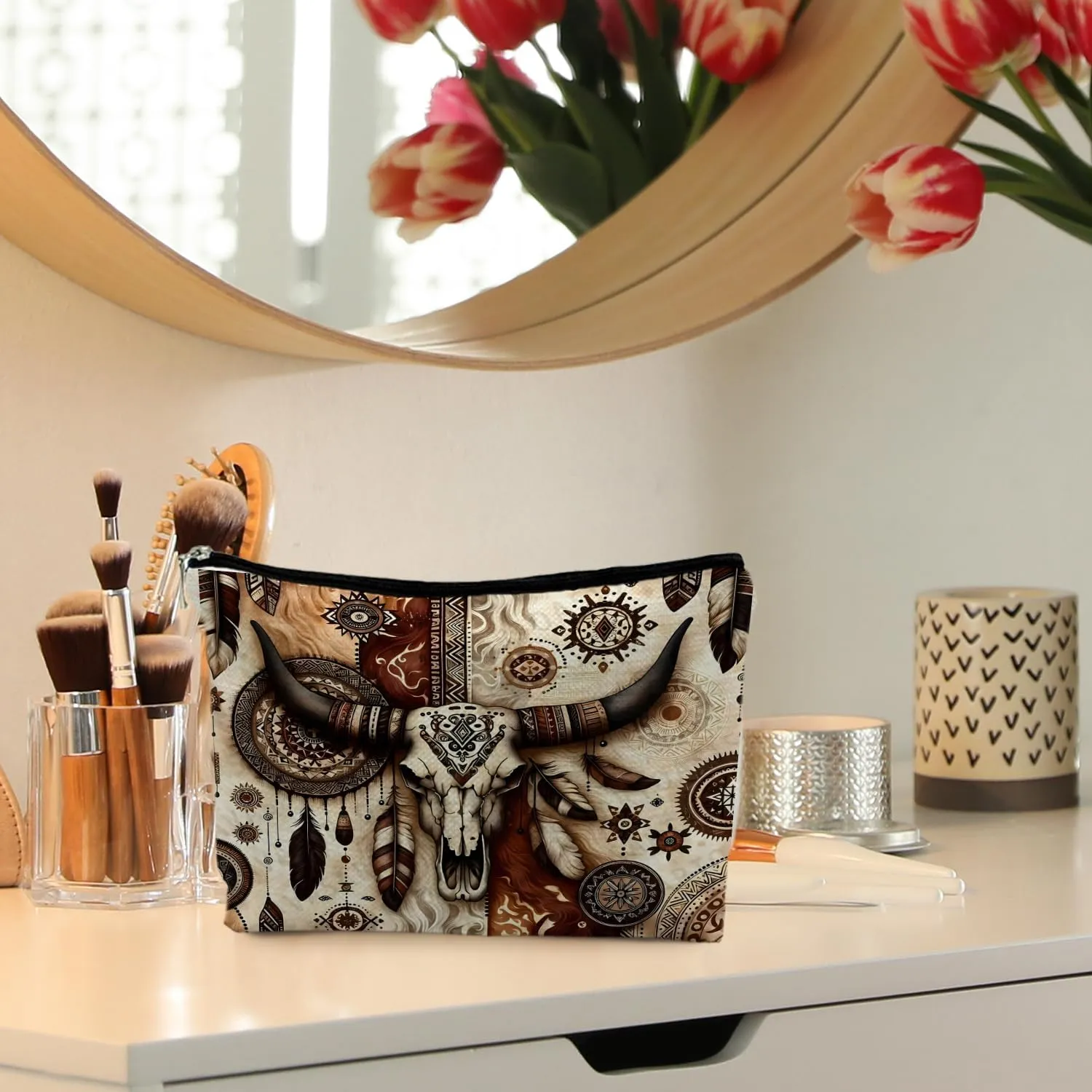 Western Makeup Bag - Retro Bull Skull Cosmetic Bags for Women, Cowgirl & Country Gifts