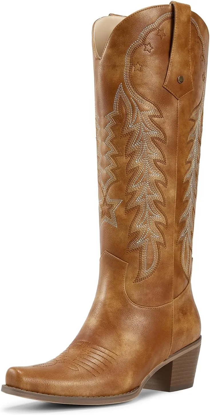 wetkiss Cowboy Boots for Women Knee High Cowgirl Boots Retro Embroidered Chunky Heels Pointed Toe Western Long Tall Boot Pull On