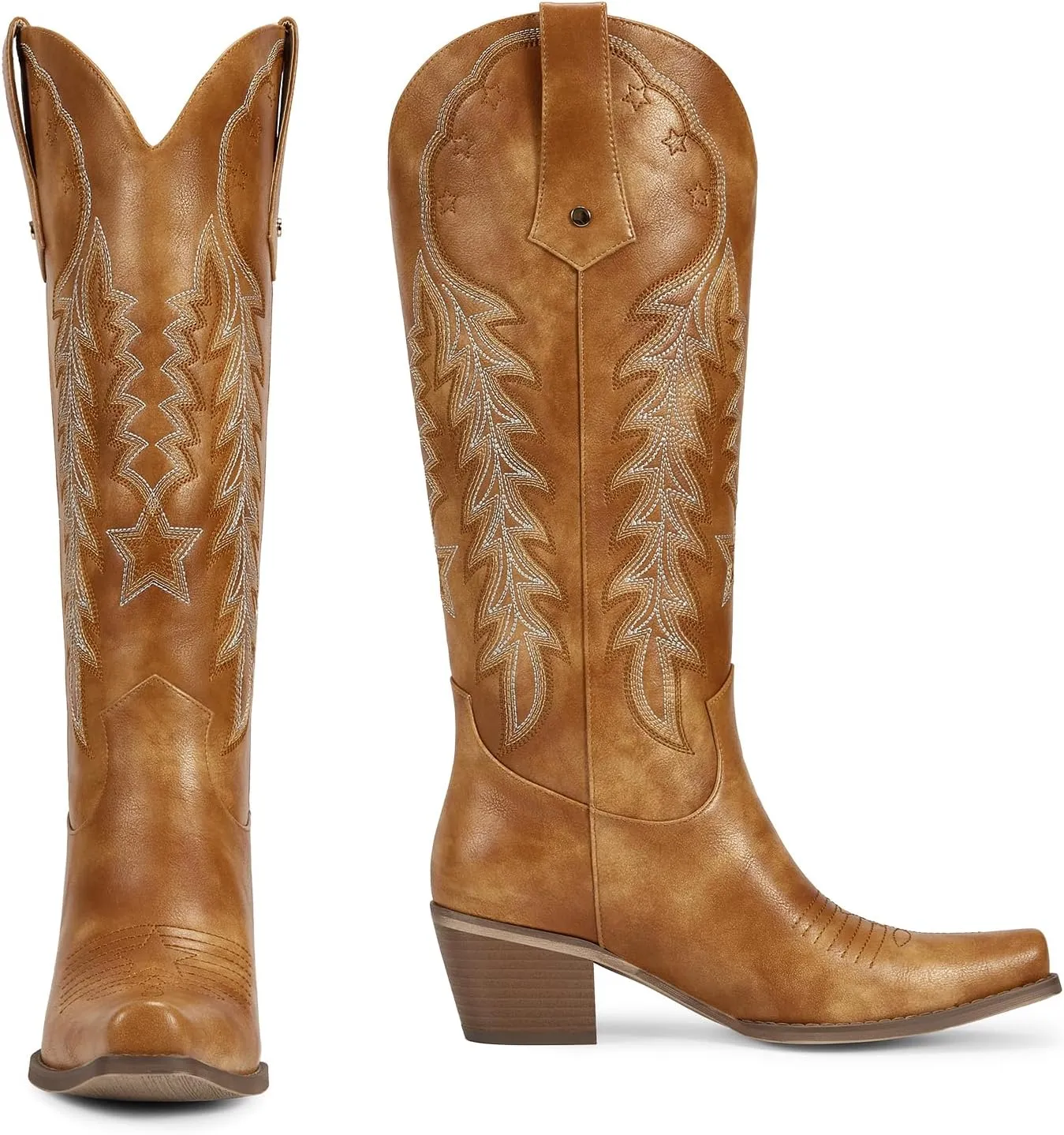 wetkiss Cowboy Boots for Women Knee High Cowgirl Boots Retro Embroidered Chunky Heels Pointed Toe Western Long Tall Boot Pull On