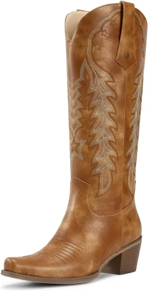 wetkiss Cowboy Boots for Women Knee High Cowgirl Boots Retro Embroidered Chunky Heels Pointed Toe Western Long Tall Boot Pull On
