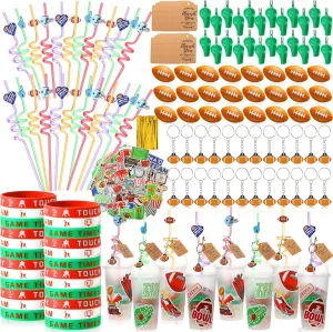 Weysat 268 Pcs Football Party Favors Sets for 24 People Birthday Gifts Goody Cups with Straws Key Chains Whistles Silicone Wristbands Stickers Thank You Tags for Party Supplies (Football)
