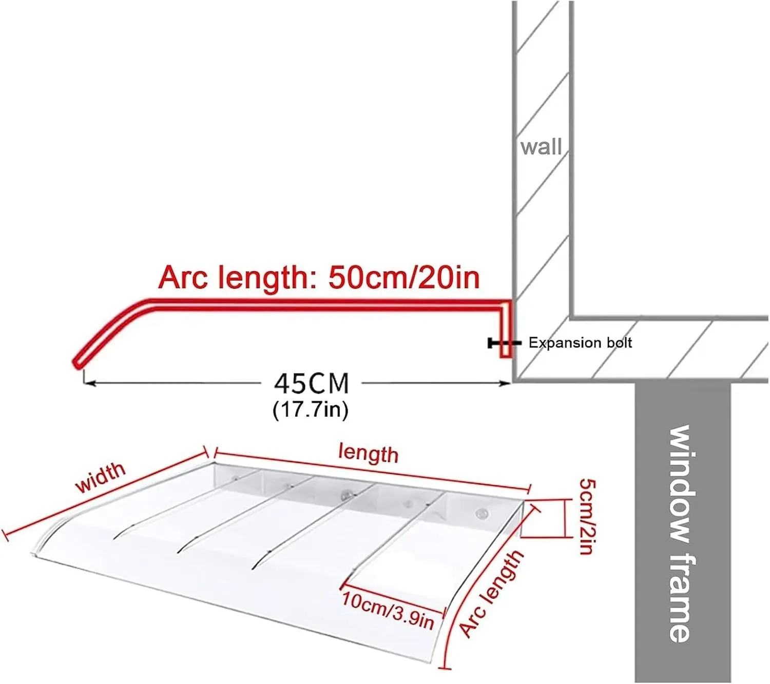 Window Door Awning Front Door Canopy Outdoor Awning, Transparent Curved Polycarbonate Cover UV Protection Rain Shelter for Back Door, Porch, Patio, Window for Protection(50x280cm/20 x110)