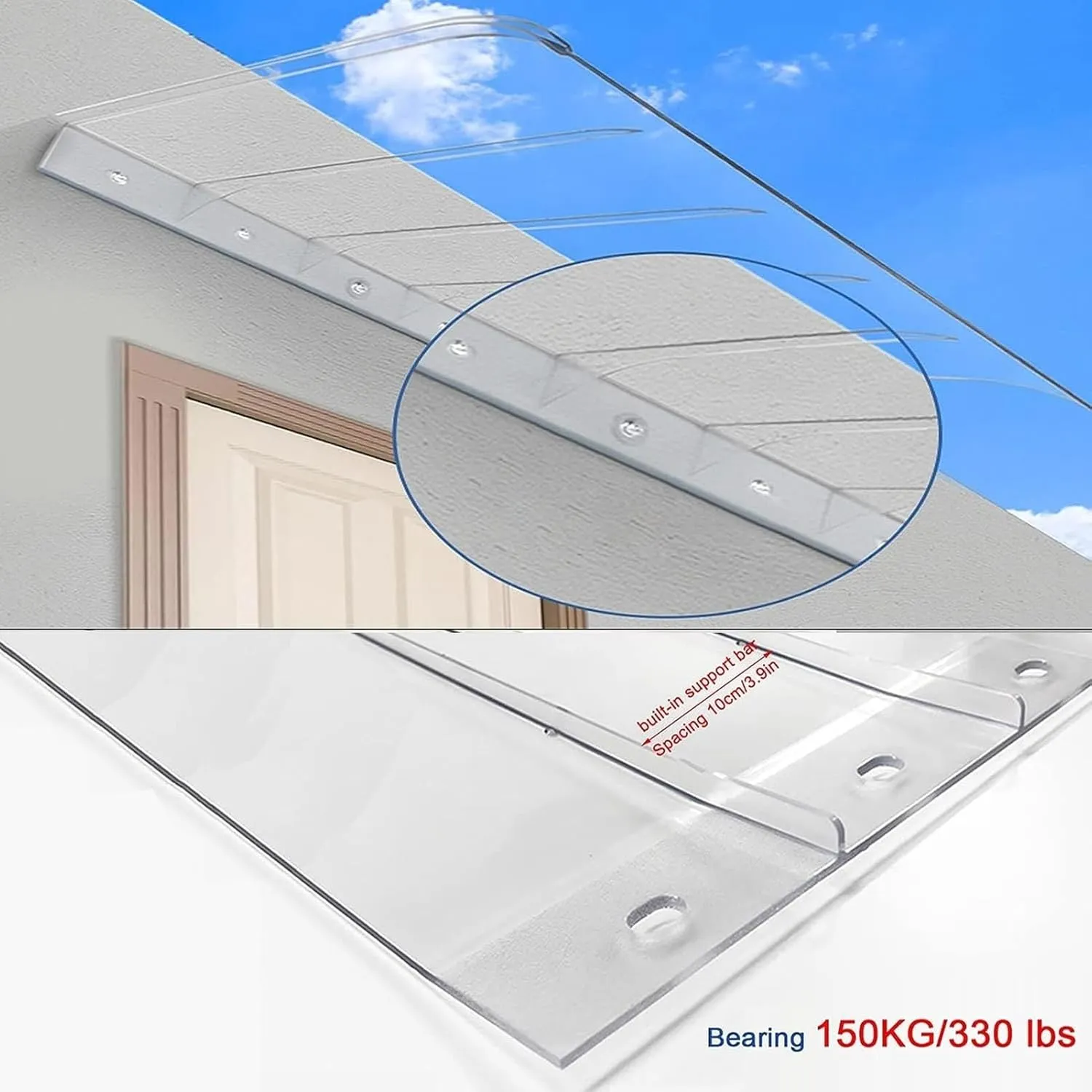 Window Door Awning Front Door Canopy Outdoor Awning, Transparent Curved Polycarbonate Cover UV Protection Rain Shelter for Back Door, Porch, Patio, Window for Protection(50x280cm/20 x110)
