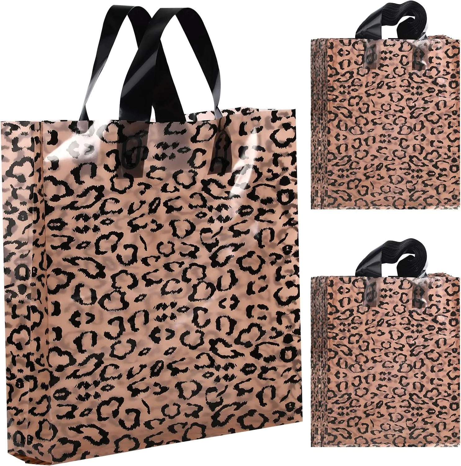 Woanger 100 Pcs Shopping Bags for Small Business Cheetah Leopard Plastic Bags with Handles for Merchandise Retail Boutique
