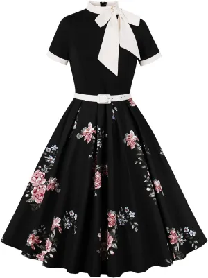 Women 1950s Vintage Floral Cocktail Swing Dress 50s Short Sleeve Audrey Hepburn Rockabilly Prom Dress A Line Tea Party Dress