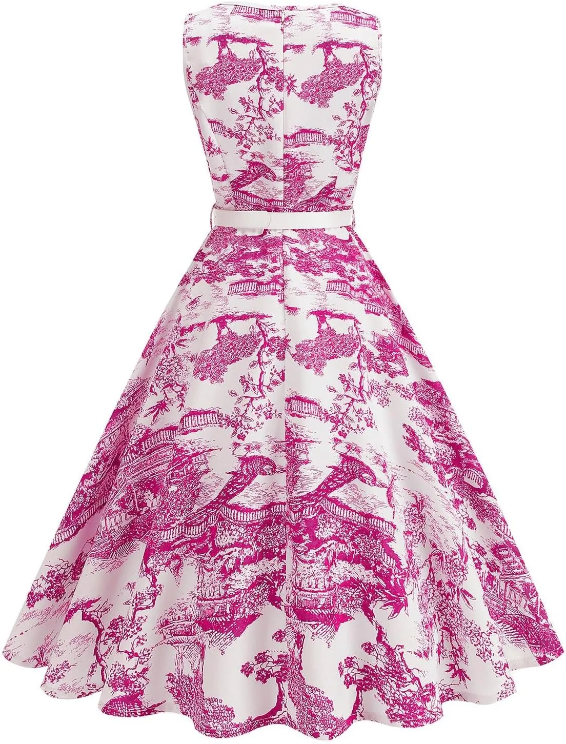 Women 1950s Vintage Rockabilly Cocktail Swing Dress Pinup 50s Retro Hepburn V Neck Sleeveless Print A-Line Belted Dress