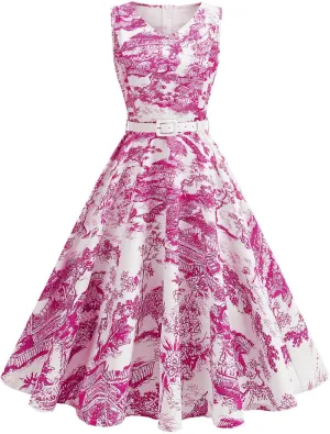 Women 1950s Vintage Rockabilly Cocktail Swing Dress Pinup 50s Retro Hepburn V Neck Sleeveless Print A-Line Belted Dress