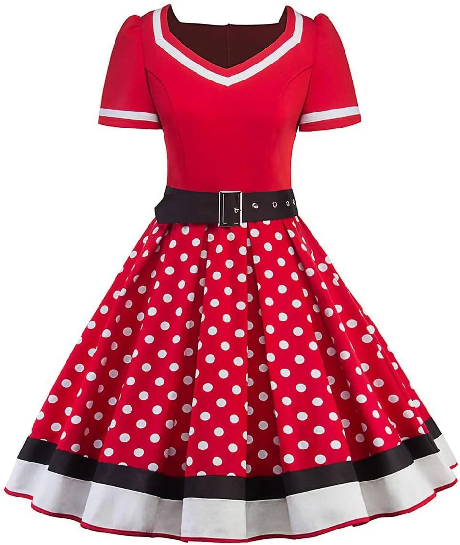 Women 1950s Vintage Short Sleeve Peter Pan Collar Retro Swing A Line Midi Summer Dress Cocktail Party Evening Prom Gown