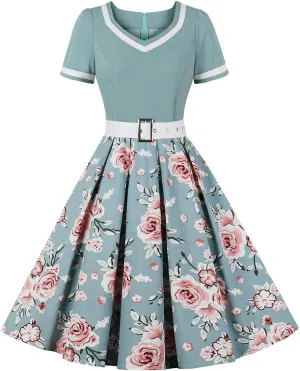 Women 1950s Vintage Short Sleeve Peter Pan Collar Retro Swing A Line Midi Summer Dress Cocktail Party Evening Prom Gown