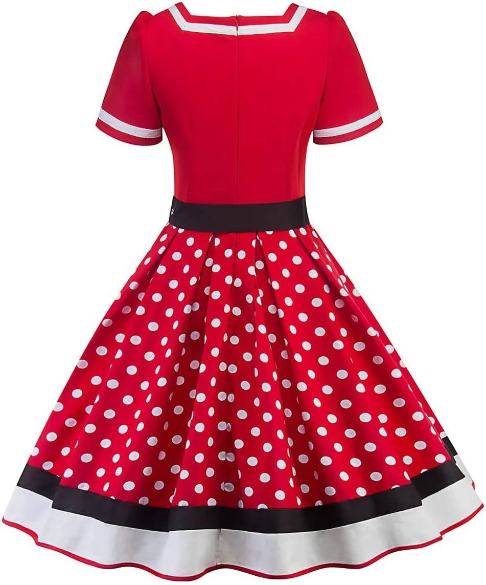 Women 1950s Vintage Short Sleeve Peter Pan Collar Retro Swing A Line Midi Summer Dress Cocktail Party Evening Prom Gown