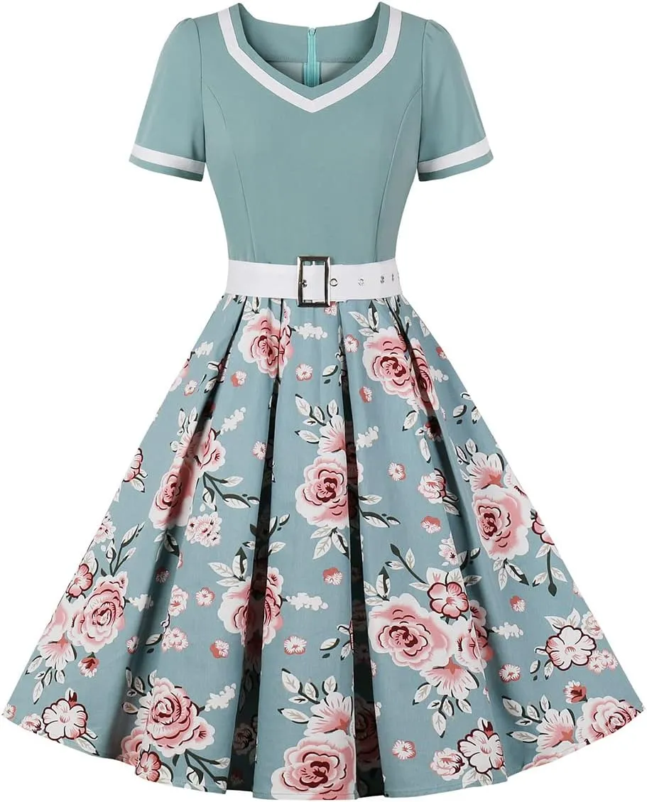 Women 1950s Vintage Short Sleeve Peter Pan Collar Retro Swing A Line Midi Summer Dress Cocktail Party Evening Prom Gown