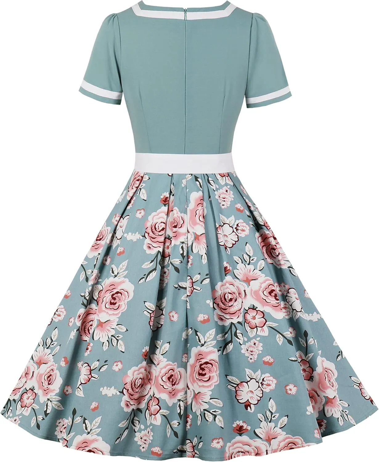 Women 1950s Vintage Short Sleeve Peter Pan Collar Retro Swing A Line Midi Summer Dress Cocktail Party Evening Prom Gown
