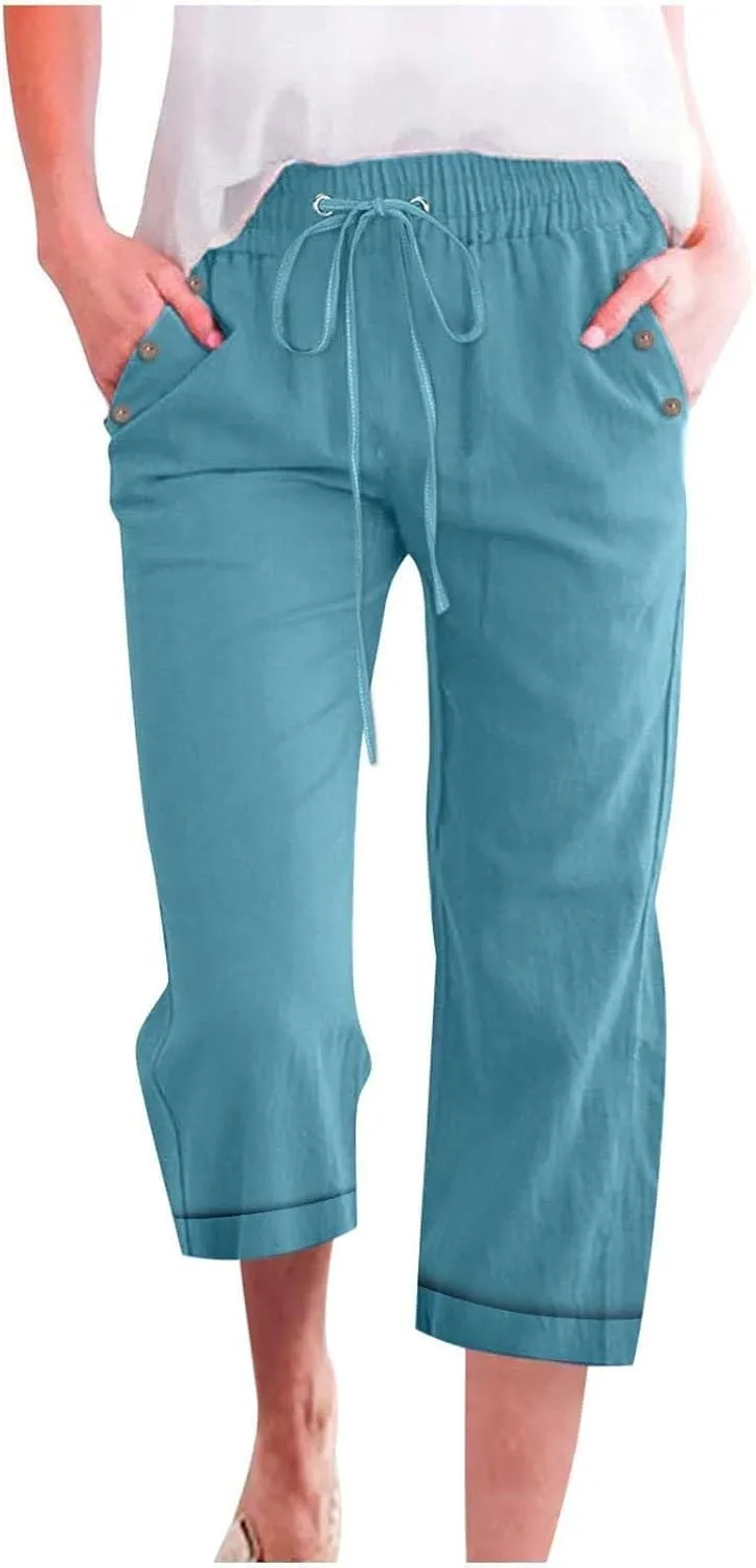Women 3/4 Length Cotton Linen Pants Trendy Hiking Jogger Athletic Sweatpants High Waisted Straight Leg Casual Trouser