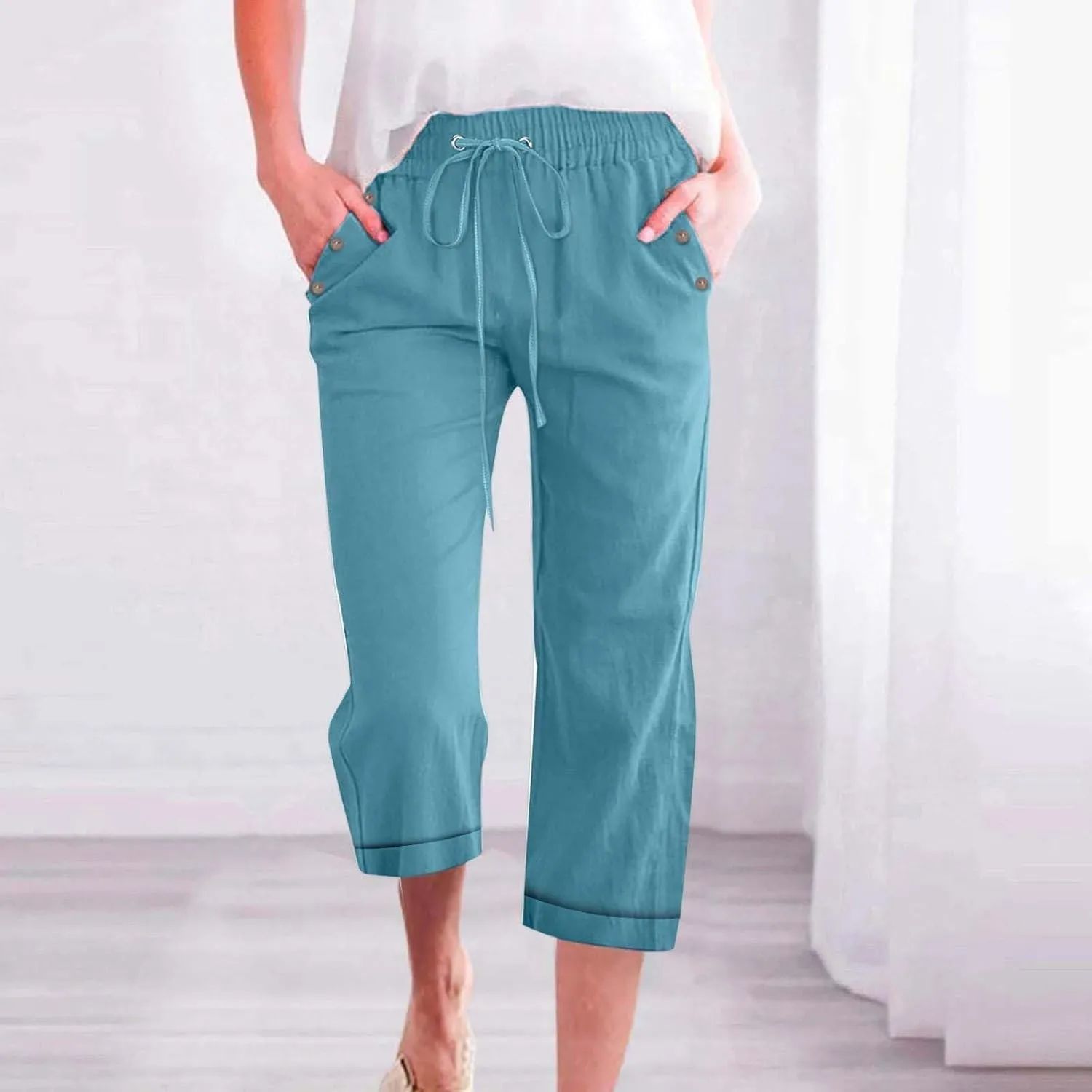 Women 3/4 Length Cotton Linen Pants Trendy Hiking Jogger Athletic Sweatpants High Waisted Straight Leg Casual Trouser