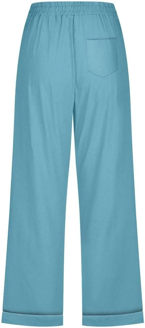 Women 3/4 Length Cotton Linen Pants Trendy Hiking Jogger Athletic Sweatpants High Waisted Straight Leg Casual Trouser