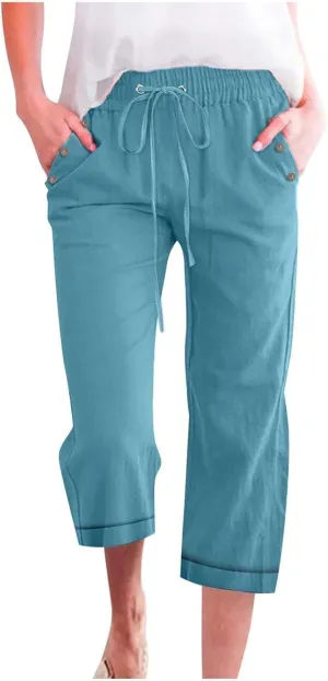 Women 3/4 Length Cotton Linen Pants Trendy Hiking Jogger Athletic Sweatpants High Waisted Straight Leg Casual Trouser