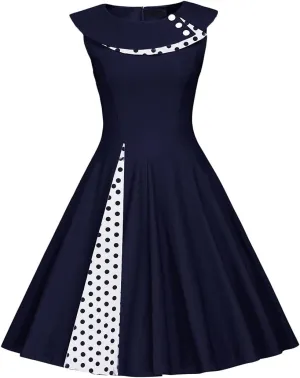 Women 50s 60s Vintage Sleeveless Polka Dot Cocktail Swing Dress Retro Audrey Hepburn Patchwork Midi Evening Rockabilly Dress