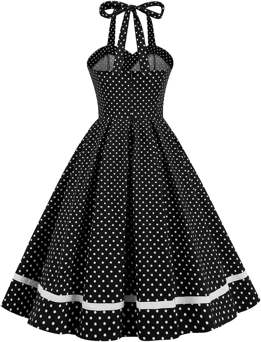 Women 50s 60s Vintage Sleeveless Polka Dot Cocktail Swing Dress Retro Audrey Hepburn Patchwork Midi Evening Rockabilly Dress