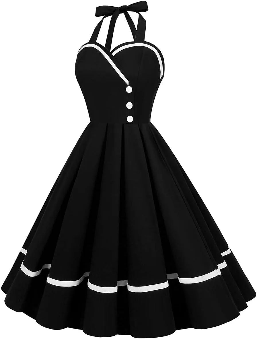 Women 50s 60s Vintage Sleeveless Polka Dot Cocktail Swing Dress Retro Audrey Hepburn Patchwork Midi Evening Rockabilly Dress