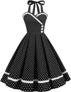 Women 50s 60s Vintage Sleeveless Polka Dot Cocktail Swing Dress Retro Audrey Hepburn Patchwork Midi Evening Rockabilly Dress
