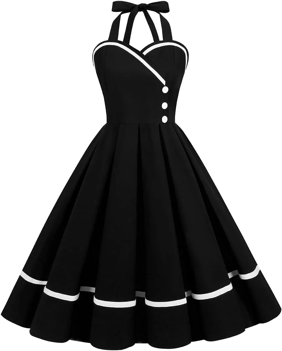 Women 50s 60s Vintage Sleeveless Polka Dot Cocktail Swing Dress Retro Audrey Hepburn Patchwork Midi Evening Rockabilly Dress