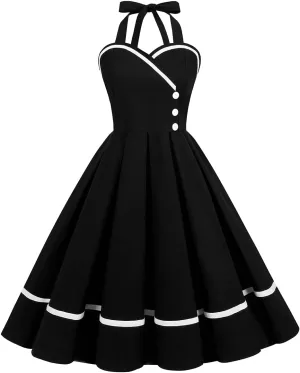 Women 50s 60s Vintage Sleeveless Polka Dot Cocktail Swing Dress Retro Audrey Hepburn Patchwork Midi Evening Rockabilly Dress