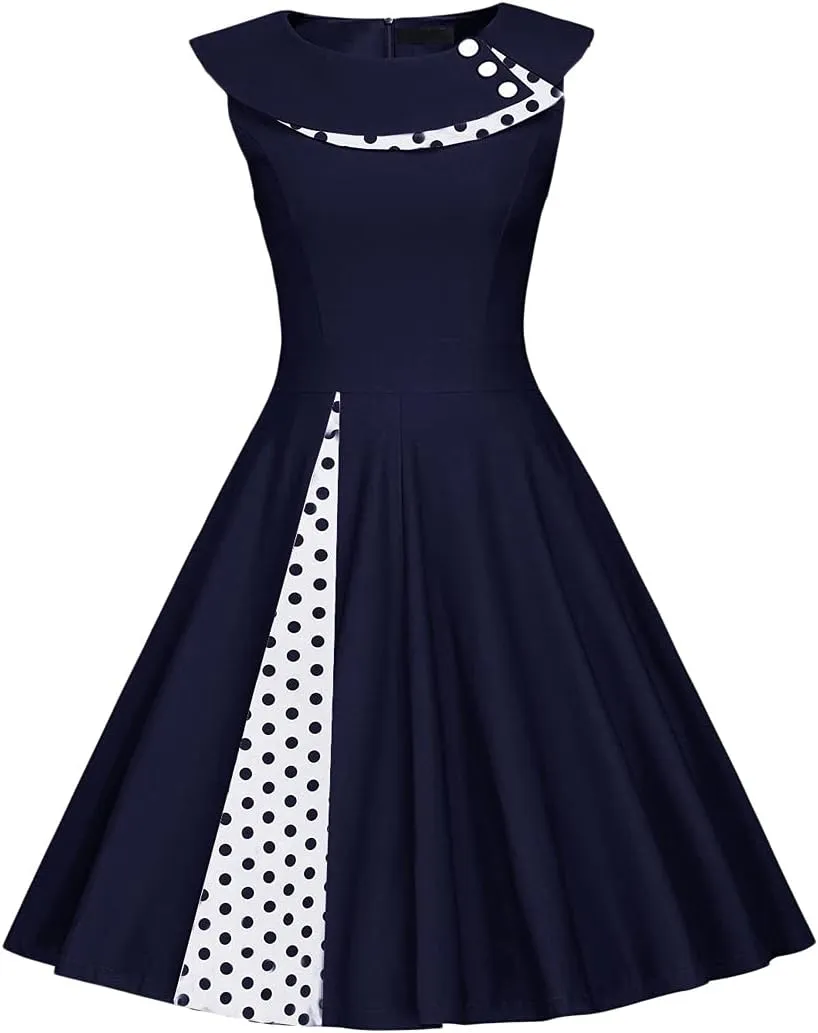Women 50s 60s Vintage Sleeveless Polka Dot Cocktail Swing Dress Retro Audrey Hepburn Patchwork Midi Evening Rockabilly Dress