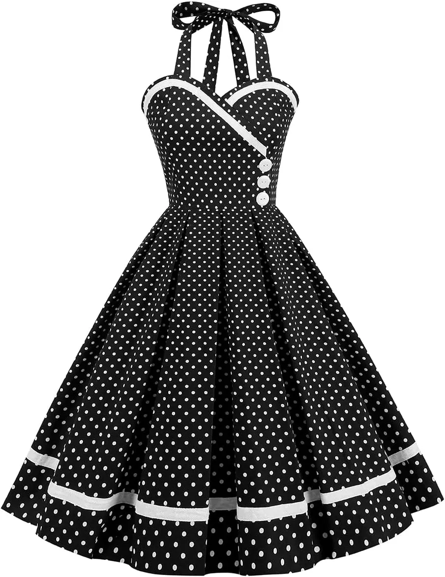 Women 50s 60s Vintage Sleeveless Polka Dot Cocktail Swing Dress Retro Audrey Hepburn Patchwork Midi Evening Rockabilly Dress