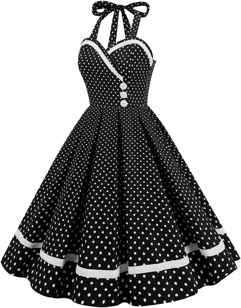 Women 50s 60s Vintage Sleeveless Polka Dot Cocktail Swing Dress Retro Audrey Hepburn Patchwork Midi Evening Rockabilly Dress