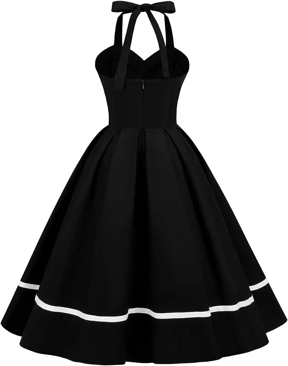 Women 50s 60s Vintage Sleeveless Polka Dot Cocktail Swing Dress Retro Audrey Hepburn Patchwork Midi Evening Rockabilly Dress
