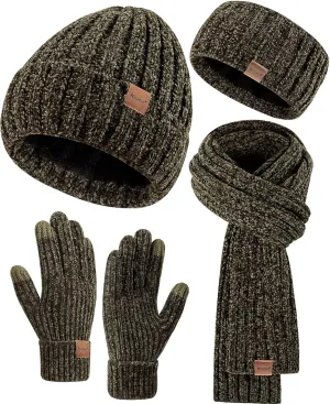 Women Beanie Scarf Gloves Headband Set, Chenille Winter Hats Fleece Lined Ear Warmer Knit Scarf Touchscreen Gloves 4 Gift Set