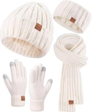 Women Beanie Scarf Gloves Headband Set, Chenille Winter Hats Fleece Lined Ear Warmer Knit Scarf Touchscreen Gloves 4 Gift Set