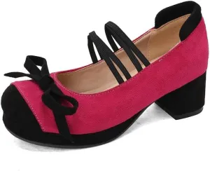 Women Bow Platform Mary Jane Pumps Round Toe Block Heels with Patchwork