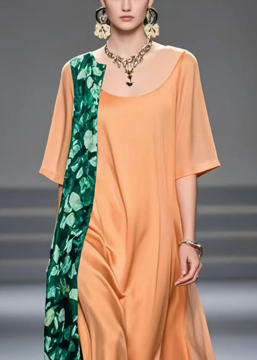 Women Brick Red Asymmetrical Patchwork Chiffon Dress Summer