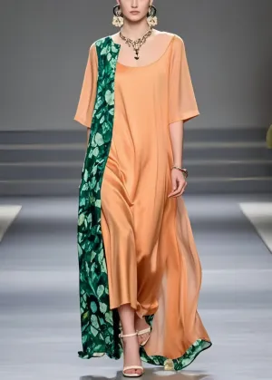 Women Brick Red Asymmetrical Patchwork Chiffon Dress Summer