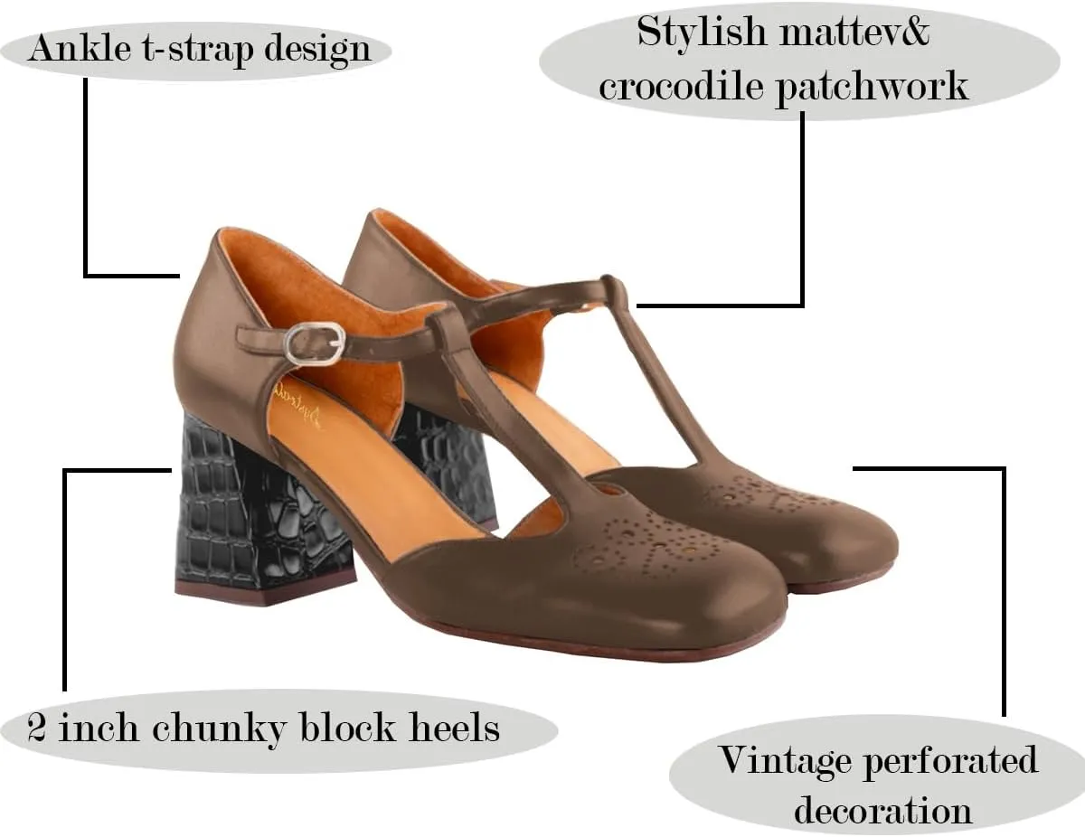 Women Chunky Heel Mary Jane Pumps Ankle T-Strap Mary Jane Heels Square Toe Crocodile Two Tone Dress Heeled Sandals 2” Block Heel Mary Janes Cut Out Sandals Patchwork Party 4-11 M US