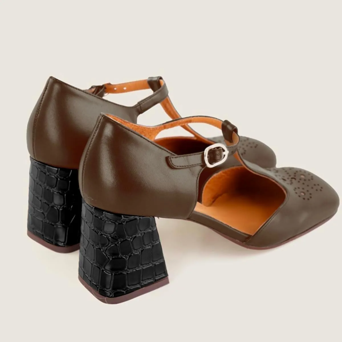 Women Chunky Heel Mary Jane Pumps Ankle T-Strap Mary Jane Heels Square Toe Crocodile Two Tone Dress Heeled Sandals 2” Block Heel Mary Janes Cut Out Sandals Patchwork Party 4-11 M US
