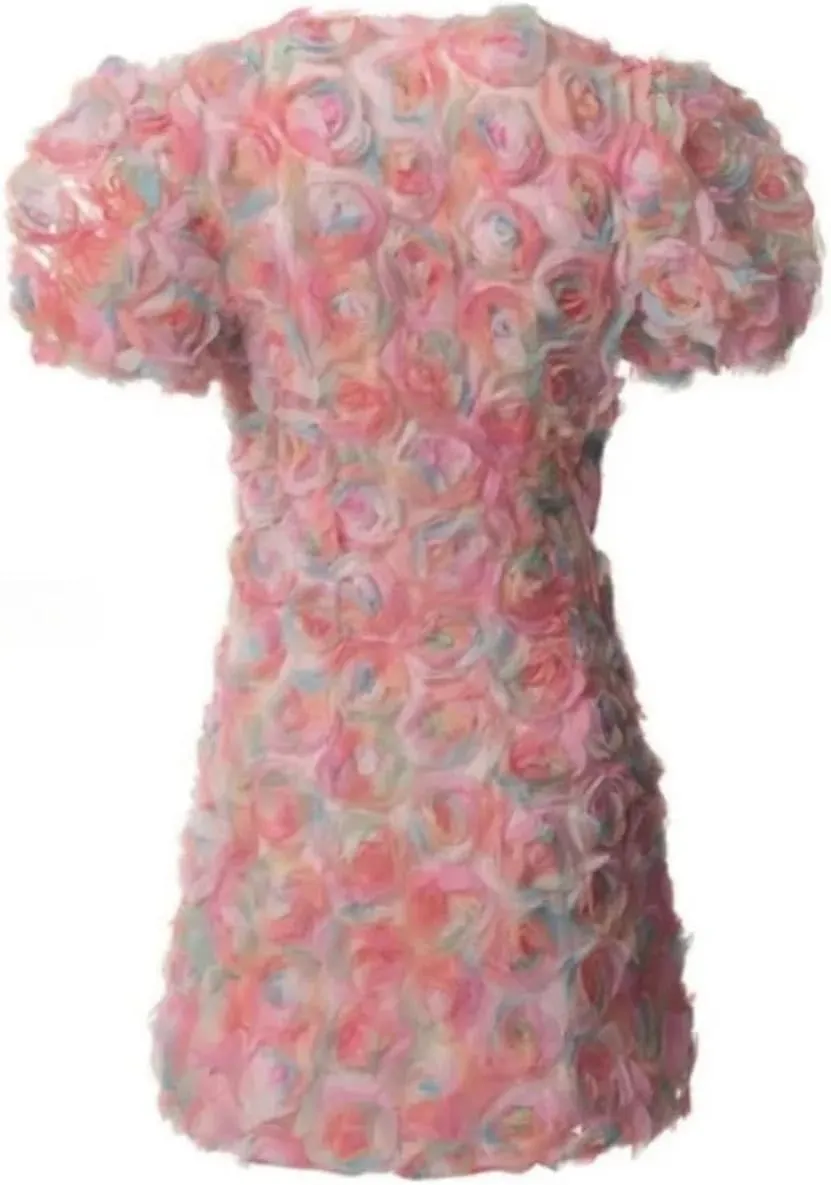 Women Contrast Appliq Mini Dress Slim Floral Single Breasted V Neck Short Sleeve Patchwork Dresses