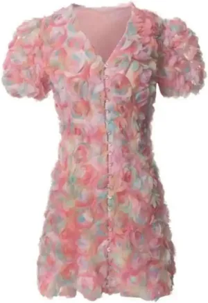 Women Contrast Appliq Mini Dress Slim Floral Single Breasted V Neck Short Sleeve Patchwork Dresses