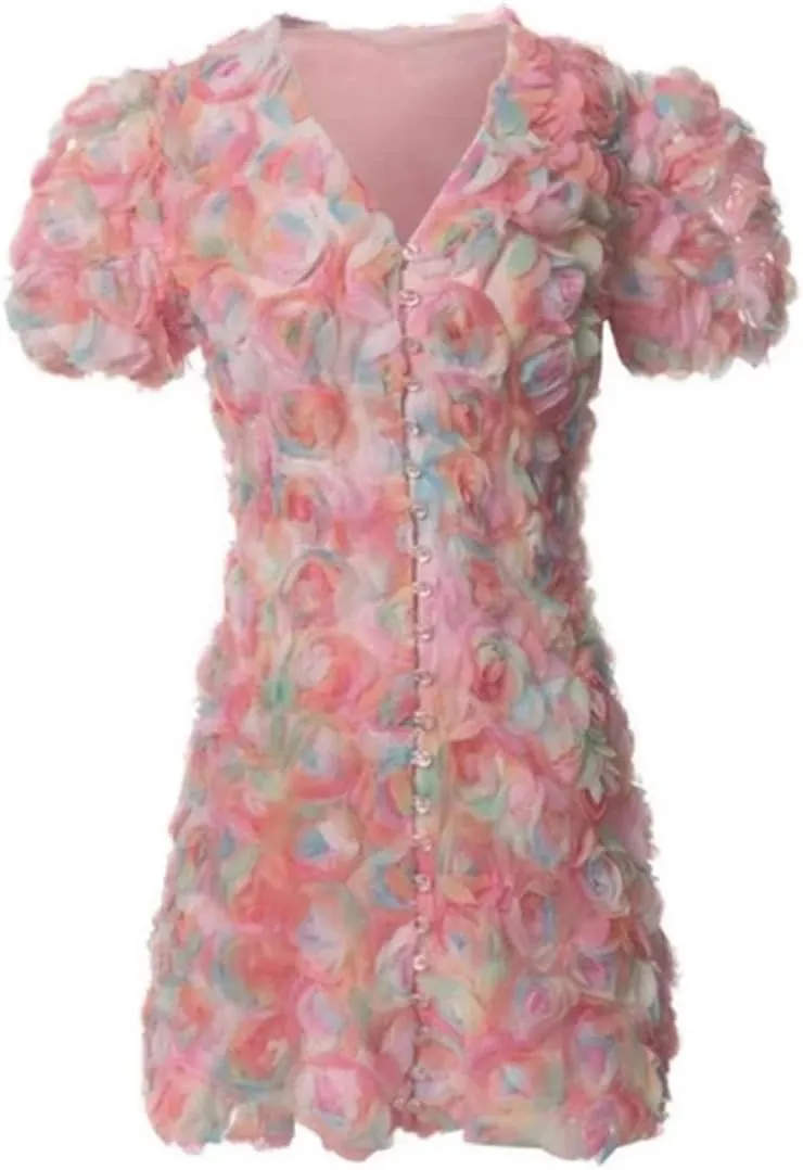 Women Contrast Appliq Mini Dress Slim Floral Single Breasted V Neck Short Sleeve Patchwork Dresses