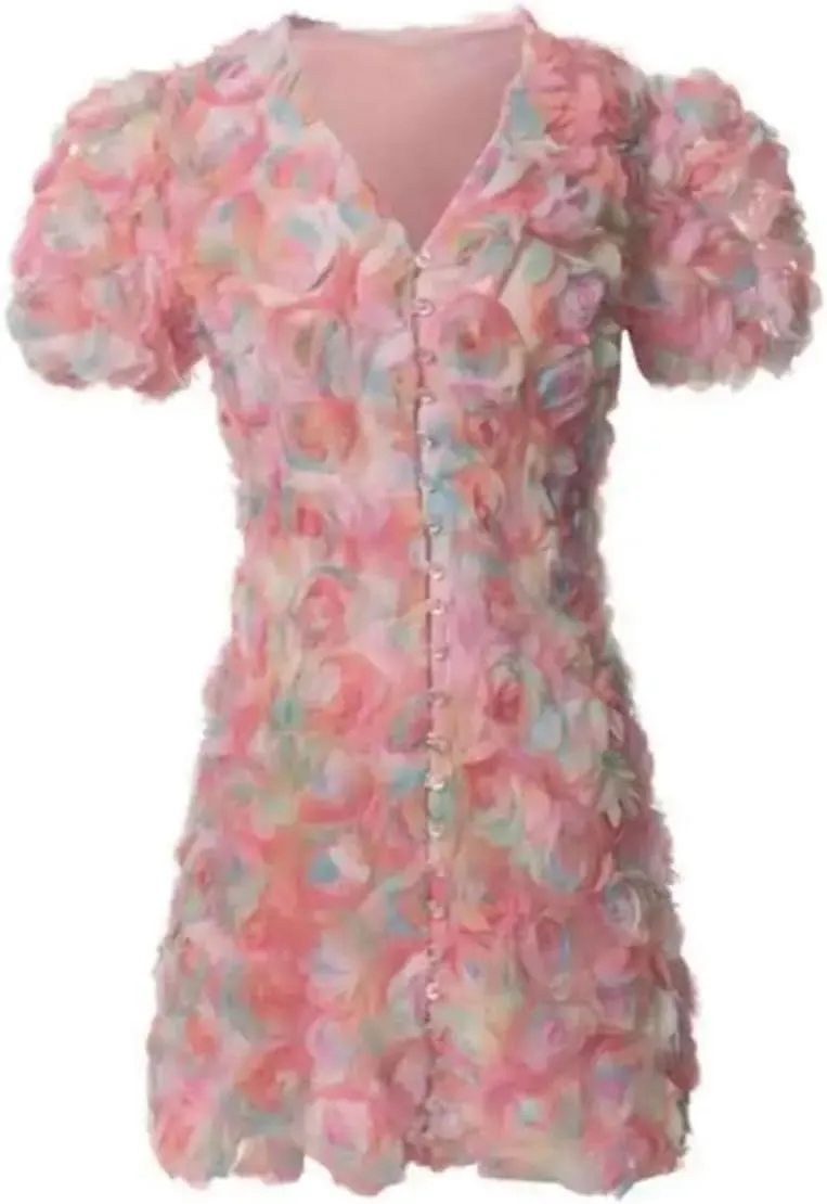 Women Contrast Appliq Mini Dress Slim Floral Single Breasted V Neck Short Sleeve Patchwork Dresses