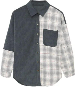 Women Contrast Color Roll Up Corduroy Tunic Blouse Corduroy Winter Plaid Loose Pocket Shirt Button Boyfriend Jacket