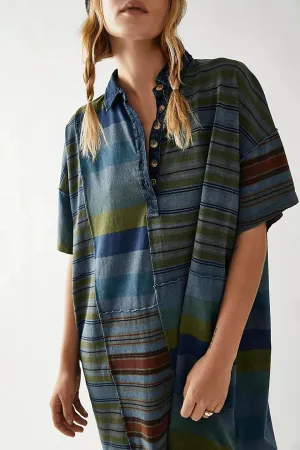 Women Contrast Striped Babydoll Dress Y2k Summer Patchwork Mini T- Shirt Dress Vintage V Neck Short Sleeve Sundress