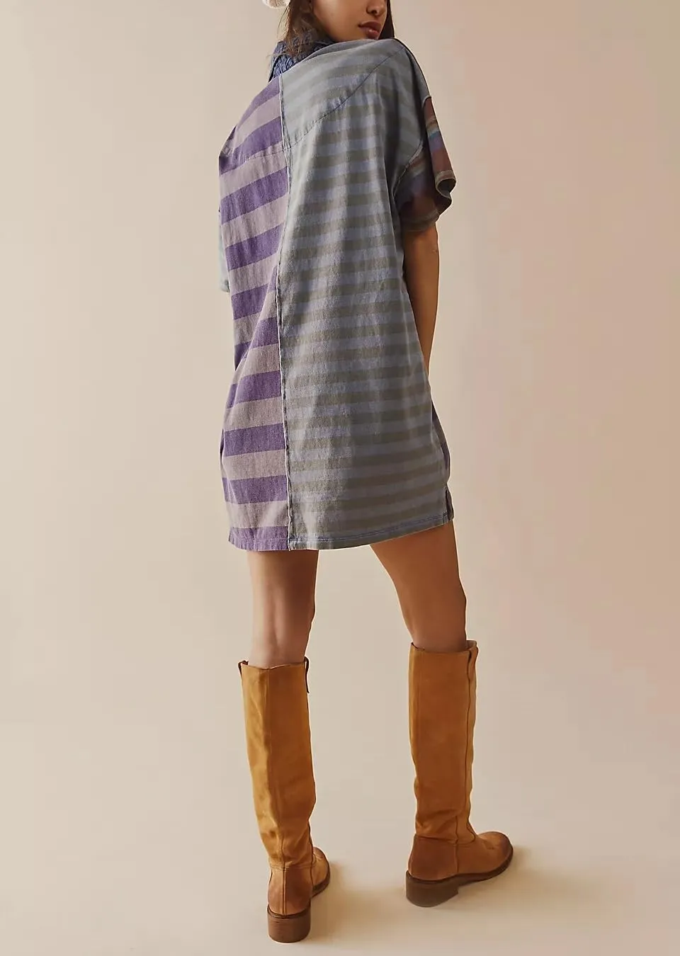 Women Contrast Striped Babydoll Dress Y2k Summer Patchwork Mini T- Shirt Dress Vintage V Neck Short Sleeve Sundress