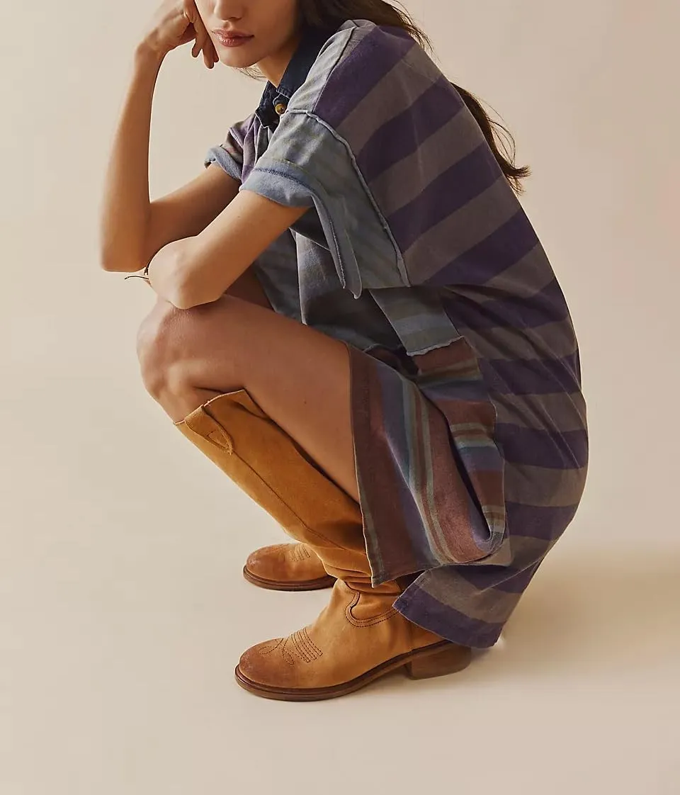 Women Contrast Striped Babydoll Dress Y2k Summer Patchwork Mini T- Shirt Dress Vintage V Neck Short Sleeve Sundress